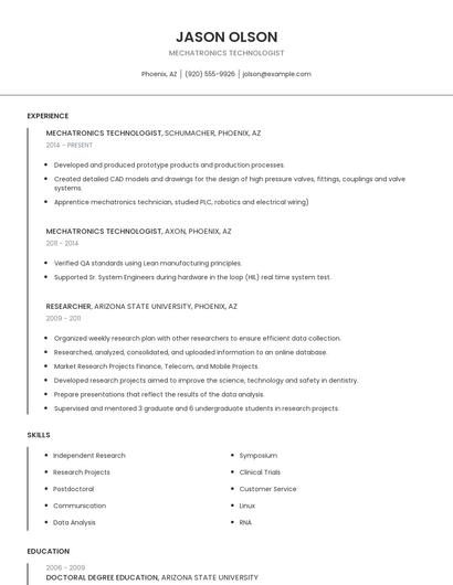 Mechatronics Technologist Resume