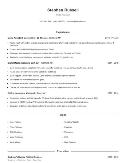 Media Assistant Resume