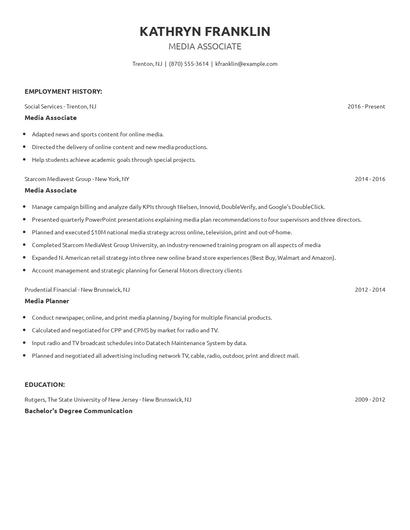Media Associate Resume