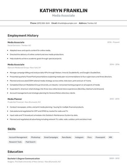 Media Associate Resume