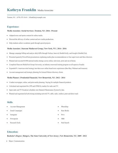 Media Associate Resume