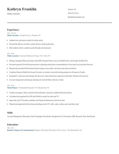 Media Associate Resume