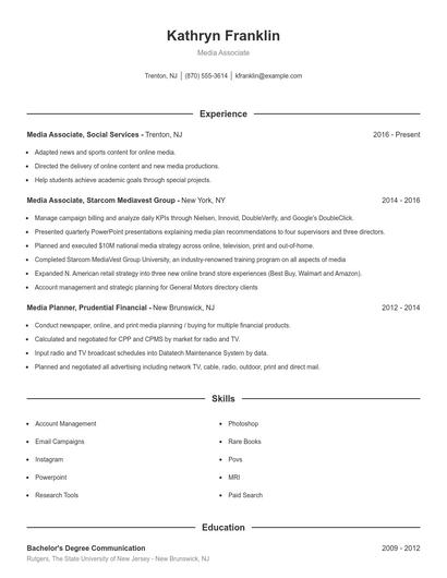 Media Associate Resume