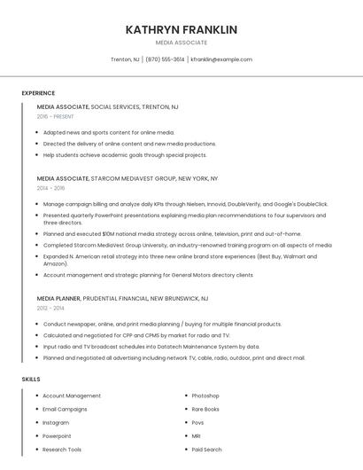Media Associate Resume