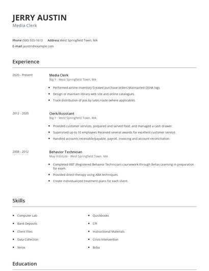 Media Clerk Resume