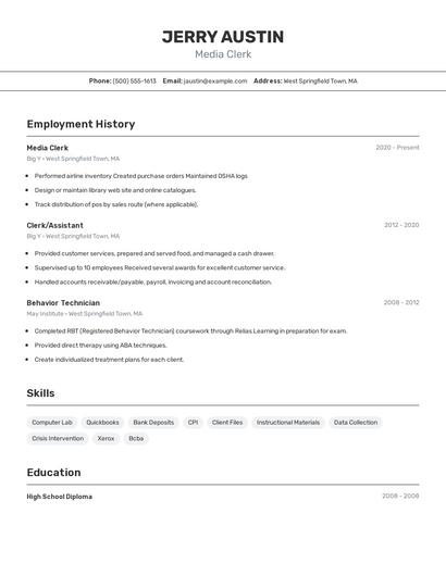 Media Clerk Resume