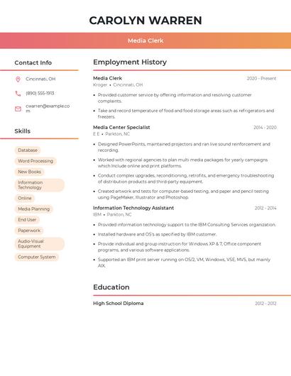 Media Clerk Resume