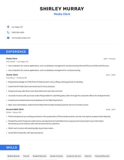 Media Clerk Resume