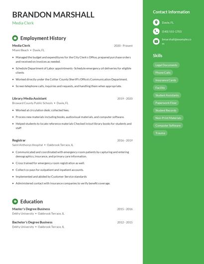 Media Clerk Resume