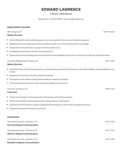 Media Librarian Resume