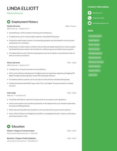 Media Librarian Resume