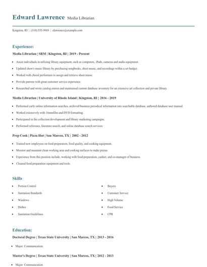 Media Librarian Resume