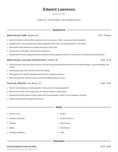 Media Librarian Resume