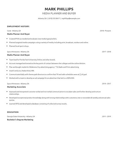 Media Planner And Buyer Resume