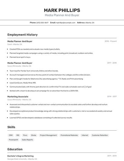 Media Planner And Buyer Resume