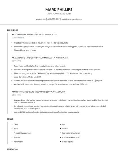 Media Planner And Buyer Resume