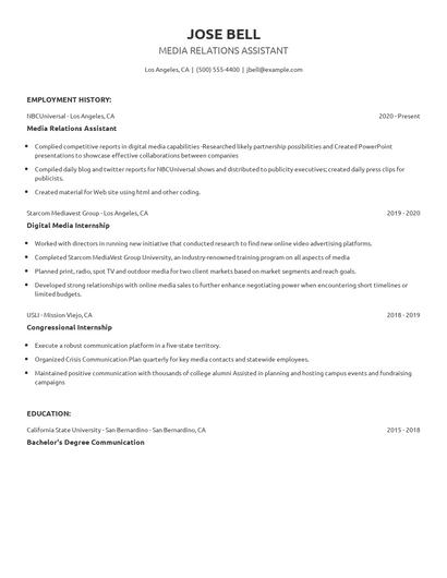 Media Relations Assistant Resume