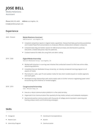 Media Relations Assistant Resume