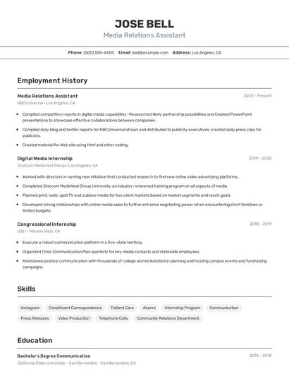 Media Relations Assistant Resume