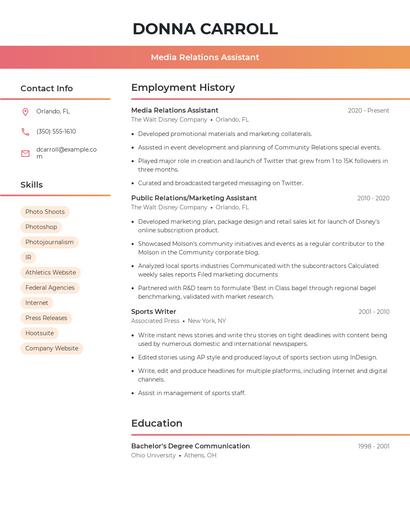 Media Relations Assistant Resume