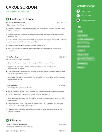Media Relations Assistant Resume