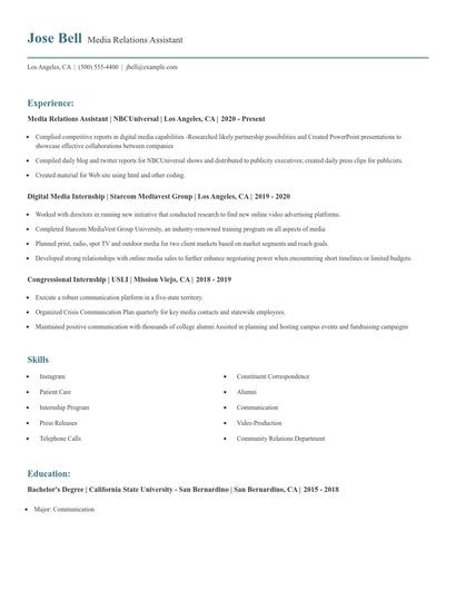 Media Relations Assistant Resume
