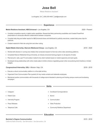 Media Relations Assistant Resume