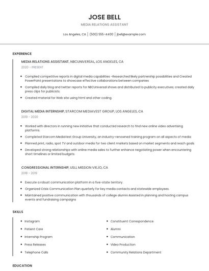 Media Relations Assistant Resume