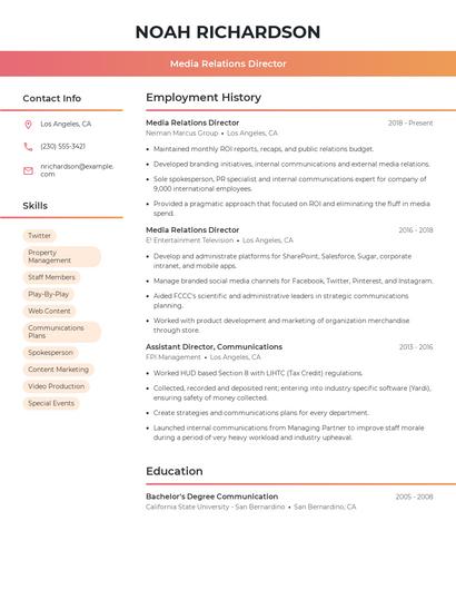 Media Relations Director Resume