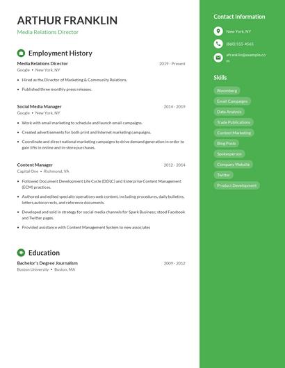 Media Relations Director Resume