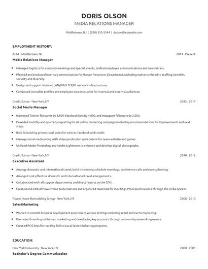 Media Relations Manager Resume