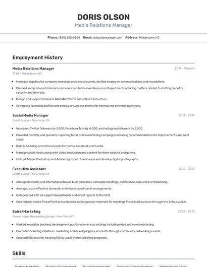Media Relations Manager Resume