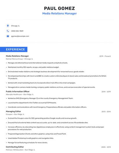 Media Relations Manager Resume