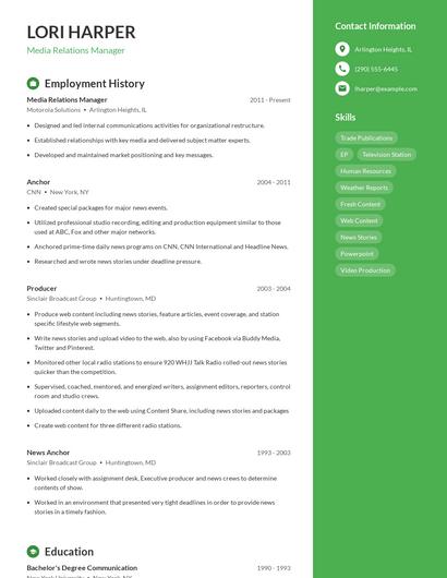 Media Relations Manager Resume