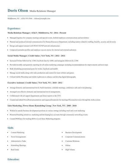 Media Relations Manager Resume