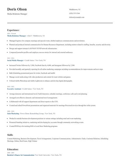 Media Relations Manager Resume
