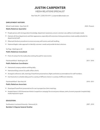 Media Relations Specialist Resume