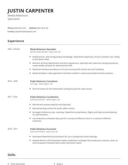 Media Relations Specialist Resume