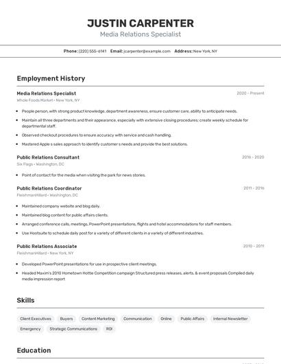 Media Relations Specialist Resume
