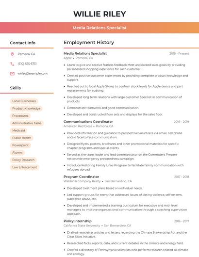 Media Relations Specialist Resume