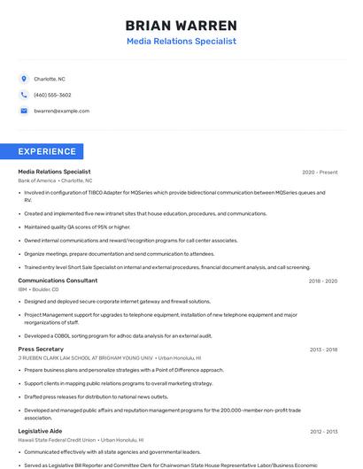 Media Relations Specialist Resume