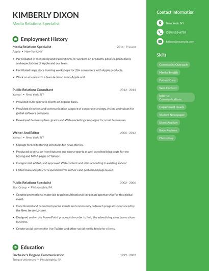 Media Relations Specialist Resume