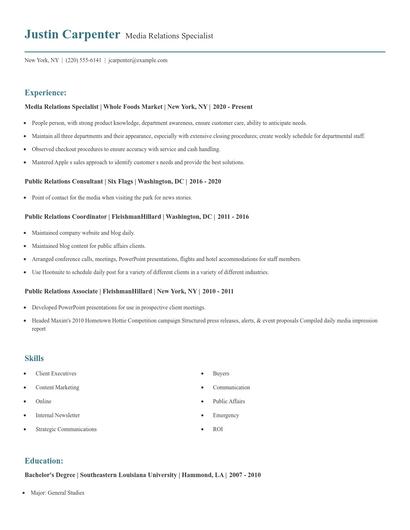 Media Relations Specialist Resume