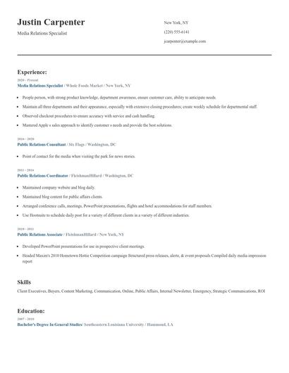 Media Relations Specialist Resume
