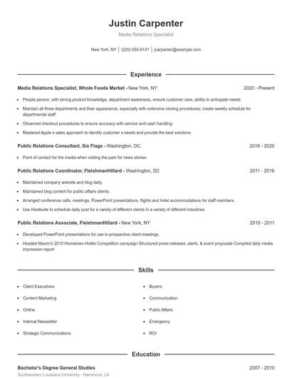 Media Relations Specialist Resume