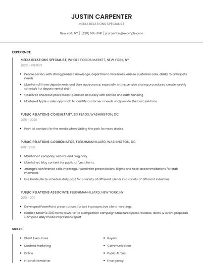 Media Relations Specialist Resume