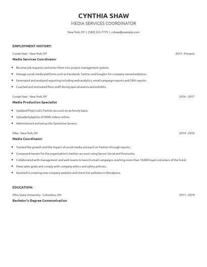 Media Services Coordinator Resume