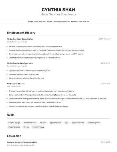 Media Services Coordinator Resume