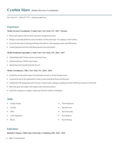 Media Services Coordinator Resume