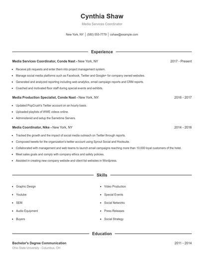 Media Services Coordinator Resume